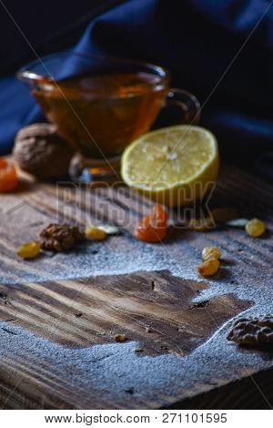 Beautiful Background For A Blog. Georgian Sweets. Dessert With Honey, Dried Fruit And Lemon.