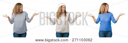 Collage of beautiful middle age woman over isolated background Smiling showing both hands open palms, presenting and advertising comparison and balance