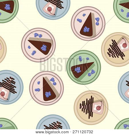 Flat Cakes Top View Pastel Pattern. Vector Illustration
