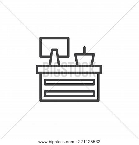 Market Cashier Table Outline Icon. Linear Style Sign For Mobile Concept And Web Design. Cash Desk Si