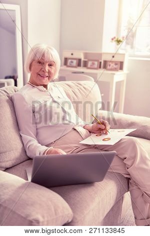 Tidy Lady Redrawing Bright Picture From Laptop