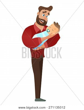 Vector Cartoon Illustration Concept Happy Father. Image Young Bearded Man Holding Newborn Baby. Happ