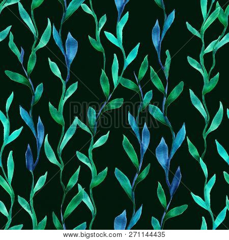 Simple Seamless Seaweed Pattern. Abstract Watercolor Free Hand Drawn Illustration For Wrapping, Back
