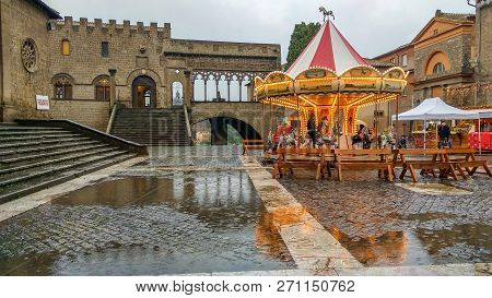 Viterbo, Italy - November 25, 2018: Beautiful Bright Carousel In The Main Square Of Viterbo At The C