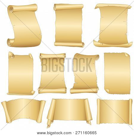 Set Of Old Blank Scrolls Paper On White Background