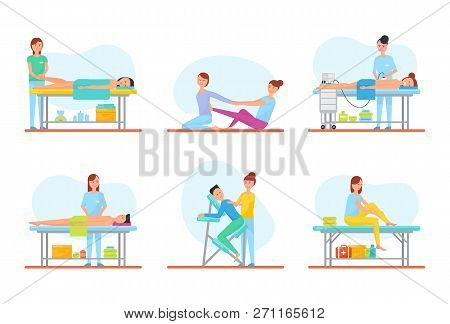 Massage Methods Used By Masseuses, Isolated Icons Set Vector. Foot And Back, Abdominal Belly Treatme