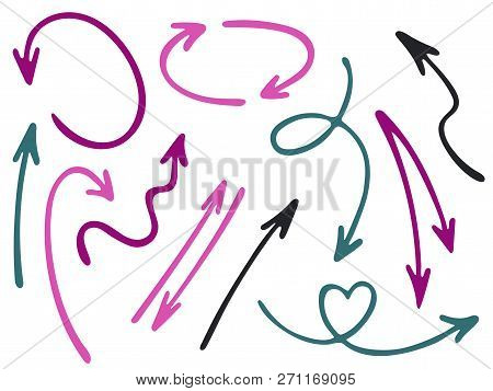 Hand Drawn Diagram Arrow Icons Vector Set. Up Down Marker Sketch Arrows, Right And Left Direction Po