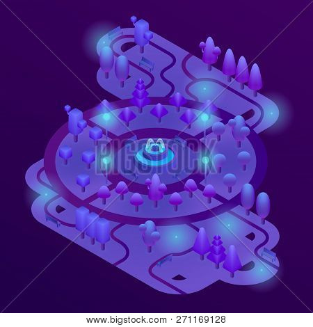 3d Isometric Park With Purple Plants, Ultra Violet Trees, Benches And Fountain. Map Of City Garden L