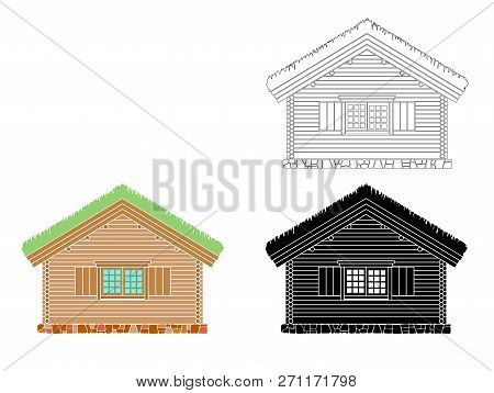 Norwegian Traditional House Of Round Logs . The Roof Is Covered With Greensward.  Vector Illustratio