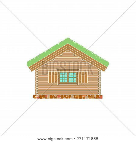 Norwegian Traditional House Of Round Logs . The Roof Is Covered With Greensward.  Vector Illustratio