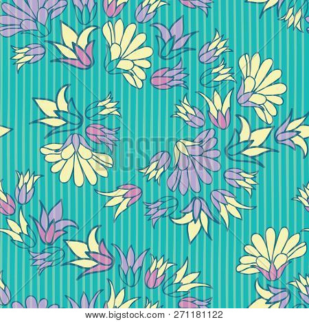 Purple Yellow Flowers Seamless Vector Repeat Pattern Background