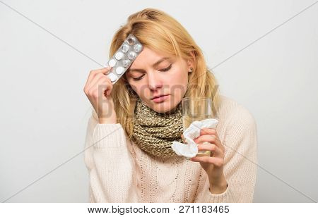 Guidelines For Treating Fever. Best Fever Reducer. Girl Suffer Headache And Take Medicine. Headache 