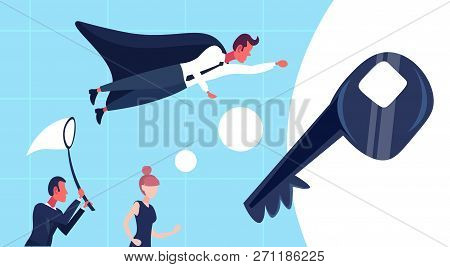 Business People Dressed Superhero Cloak Butterfly Net Try Get Key Access Startup Project Competition