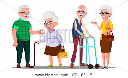Old People Man, Woman Standing, Walking With Stick Vector. Senior Cartoon Person Set Vector. Isolate