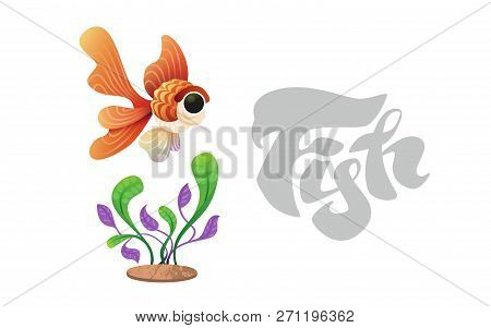Goldfish On The Background Of Algae. Cartoon Style