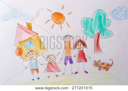 Childrens Drawing My Happy Family . The Concept Of Child Psychology. Psychological Testing Of The Ch