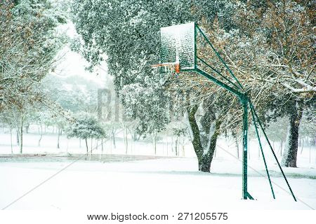 Basketball Basket Court In Snowy Field Open