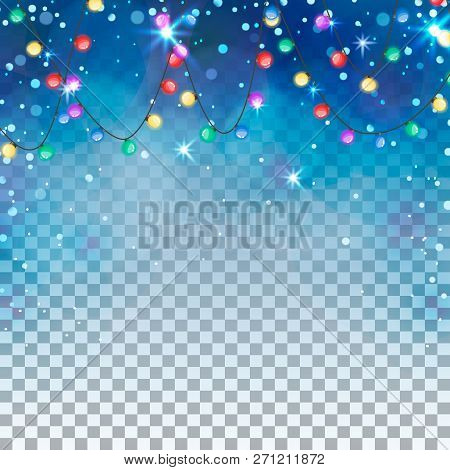 Transparent Winter Background With Colorful Garland. Blue Ligth And Snowflakes.