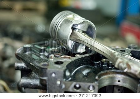 Pistons Of The Engine With Connecting Rods. Spare Parts For Diesel Engine