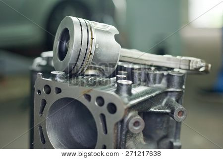 Pistons Of The Engine With Connecting Rods. Spare Parts For Diesel Engine