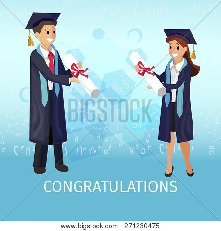 Vector Concept Illustration Cartoon Happy Students. Image Smiling Guy And Girl Accept Congratulation