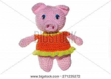Knitted Handmade Nice Pink Pig On The White Background