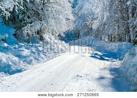 Road To Fusine Lakes In The Mangart Mountain Range In Winter, Fusine, Tarvisio, Friuli Venezia Giuli