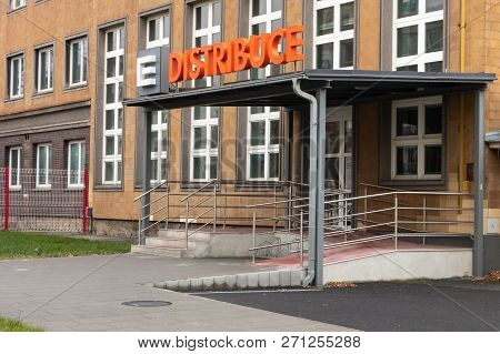 Ostrava, Czech Republic - November 23, 2018: The Barrier-free Entrance To Cez Distribuce Office. The