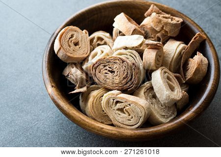 Turkish Food From Artvin Called Silor / Siron Rolled Raw Dough And Fried Phyllo For Manti Manlama