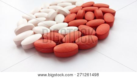 Assorted Colorful Pharmaceutical Medicine Pills, Tablets And Capsules On White Background. Pharmacy 