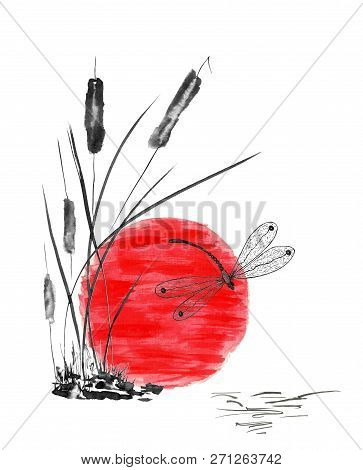 Dragonfly And Bulrush, Red Sun. Watercolor And Ink Illustration In Style Sumi-e, U-sin, Go-hua. Orie