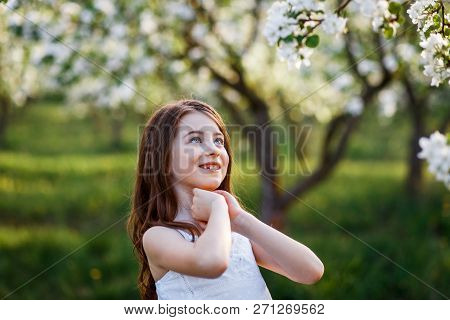 Portrait Of A Beautiful Young Girl With Blue Eyes In White Dress In The Garden With Apple Trees Blos
