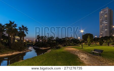 Landscape Of Turia River Gardens Jardin Del Turia, Leisure And Sport Area In Valencia, Spain. With T