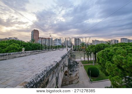 Puente Del Mar, Sea Bridge Valencia Spain, Built In 1598, Original Cobblestone, And Antique Lamppost