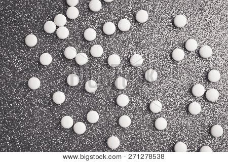 Little Beautiful Medical Pharmaceptic Round Pills, Vitamins, Drugs, Antibiotics On A Black And White