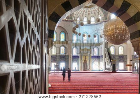Ankara / Turkey - OCTOBER 20 2018: Kocatepe Mosque interior details. The Mosque is the biggest one in Ankara and a tourist magnet with its architectural details.
