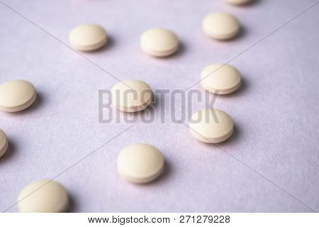 Little Beautiful Medical Pharmaceptic Round Pills, Vitamins, Drugs, Antibiotics On A Black And White