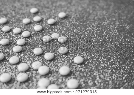 Little Beautiful Medical Pharmaceptic Round Pills, Vitamins, Drugs, Antibiotics On A Black And White