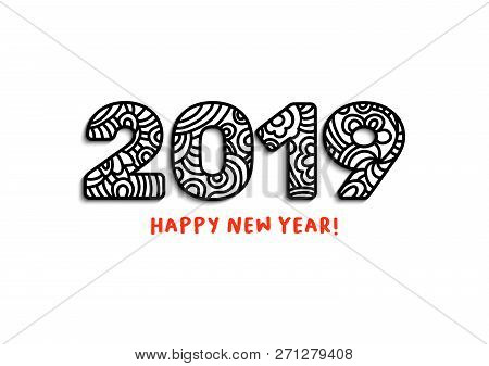 2019 Lettering, Happy New Year Greeting. Calendar Front Cover, Horizontal Slogan With Chinese Zodiac