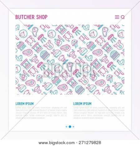 Butcher Shop Concept With Thin Line Icons: Meat Steak, Beef, Pork, Mutton, Bbq, Chicken, Burger, Cut
