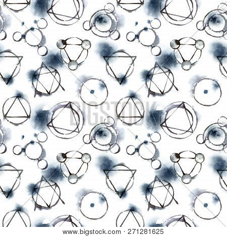 Alchemy Symbols - Transmutation Circles, Watercolor Painting On White Background, Seamless Pattern