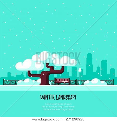 Winter Park In The City. Tree Covered By Snow, Bench And Fence. Flat Style Illustration.