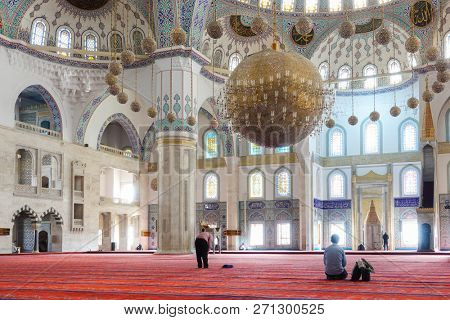 Ankara / Turkey - OCTOBER 20 2018: Kocatepe Mosque interior details. The Mosque is the biggest one in Ankara and a tourist magnet with its architectural details.