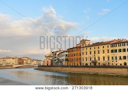 View On Embankment Of Arno River And Bridge Ponte Di Mezzo In Pisa, Italy