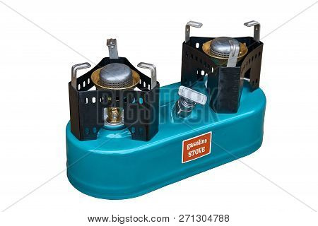 Small portable primus with two burners on white background