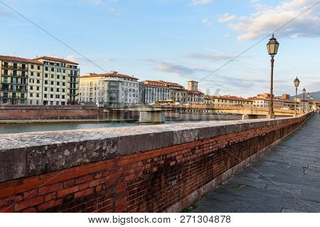 View On Embankment Of Arno River And Solferino Bridge In Pisa, Italy