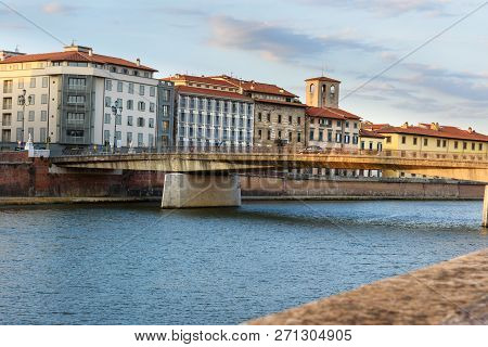 View On Embankment Of Arno River And Solferino Bridge In Pisa, Italy