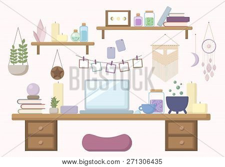 Modern Witch Workspace In Pastel Colors Flat Illustration