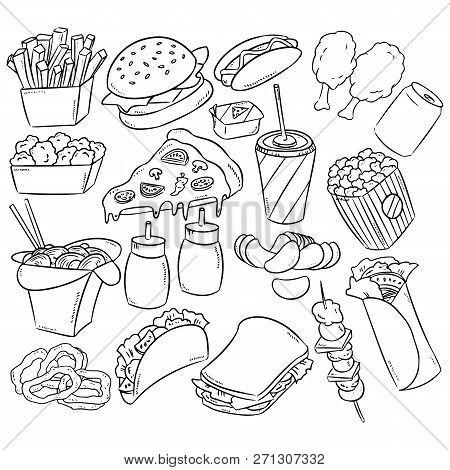 Fast Food Decorative Seamless Pattern. Hand Drawn Vector Fast Food Background In Line Art Style.