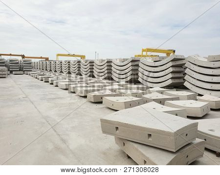 Precast Concrete Plant With Blue Sky In The Construction Site, In Storage Yard Area At Thailand, Spa